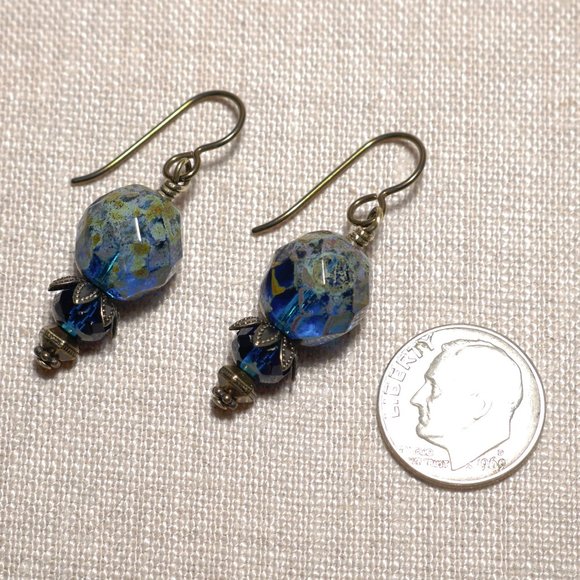 Hand Crafted Handmade Earrings Blue Faceted Picasso Finish Czech Glass E… - Picture 3 of 5